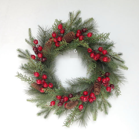 24" BERRY PINE W/CONES WREATH