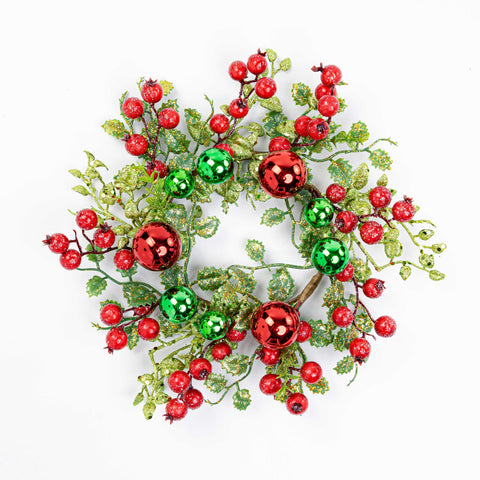 12" GLITTER BERRY BALL LEAF CANDLE RING 5" INNER