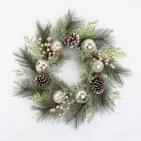 24" FROSTED BALL BERRY CEDAR PINE PINECONE WREATH