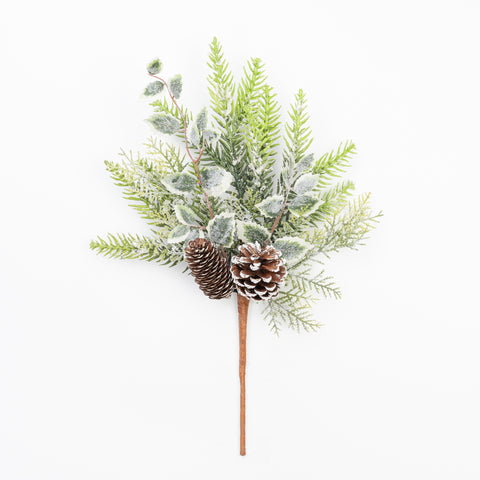 16" SNOW PINE CONE HOLLY PICK