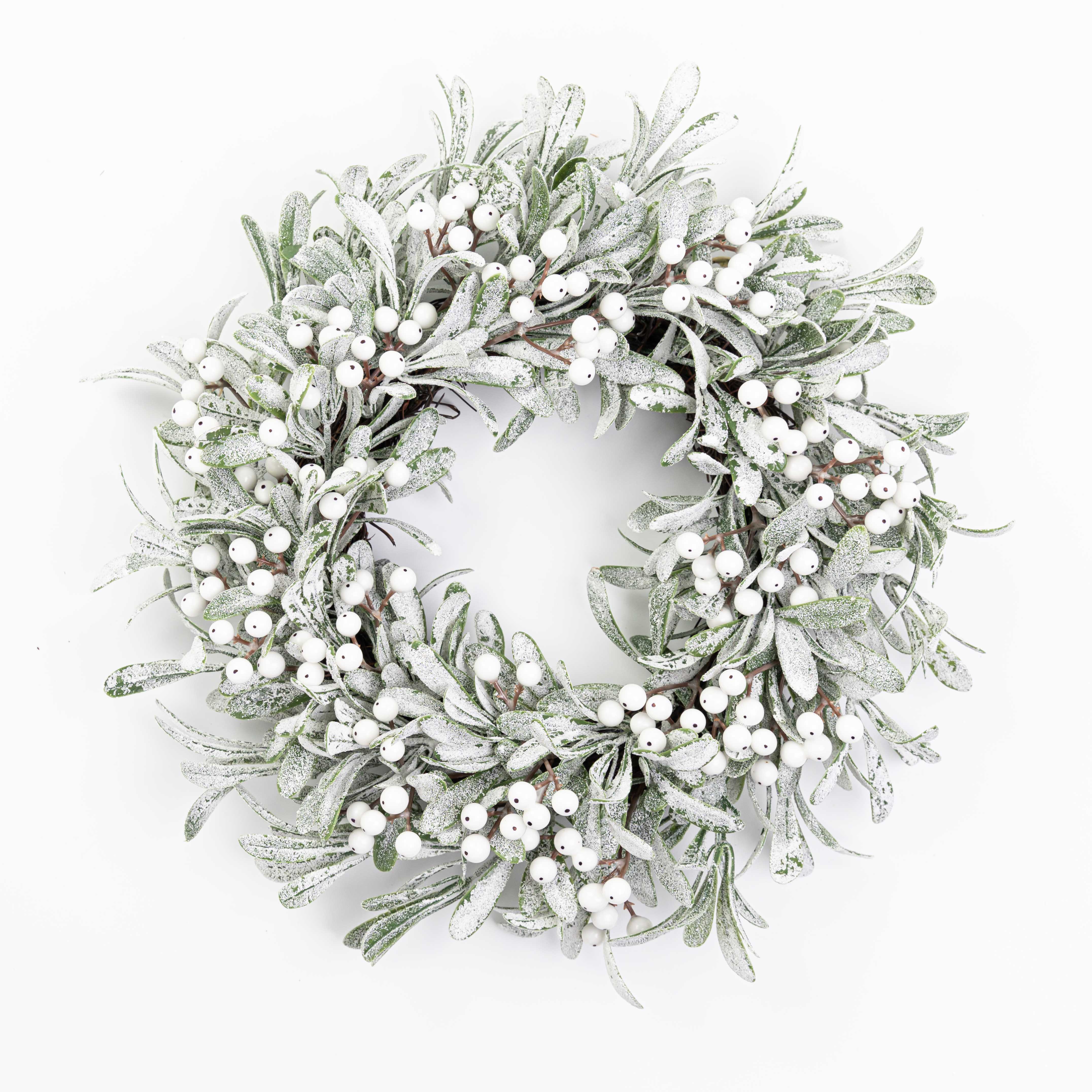 14" FROSTED MISELTOE CANDLE RING 6.5"ID