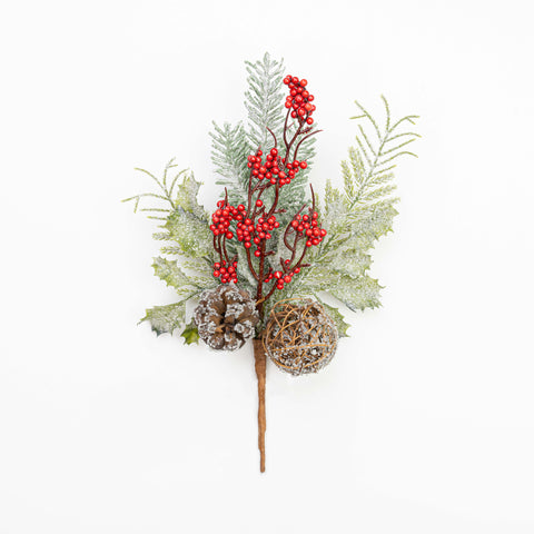 14" FROST BERRY CEDAR HOLLY TWIG BALL PINECONE PICK