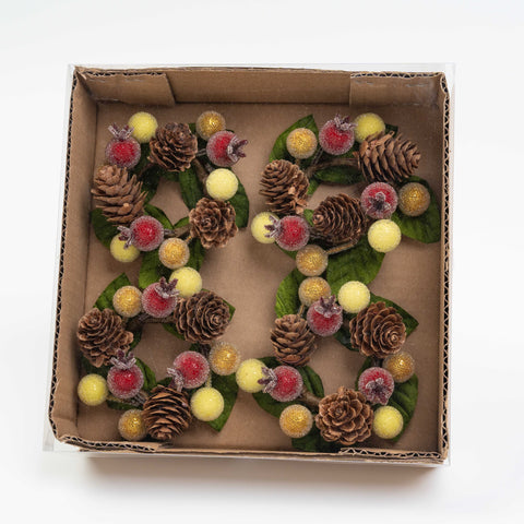 4" FRUIT HOLLY PINECONE NAPKIN RING 4PCS/BOX