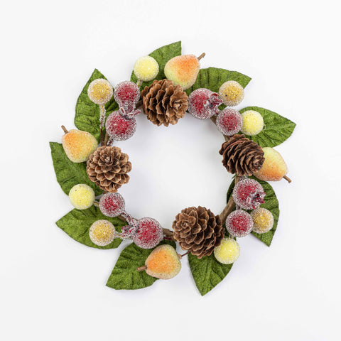 8" FRUIT HOLLY PINECONE CANDLE RING 3.5" INNER