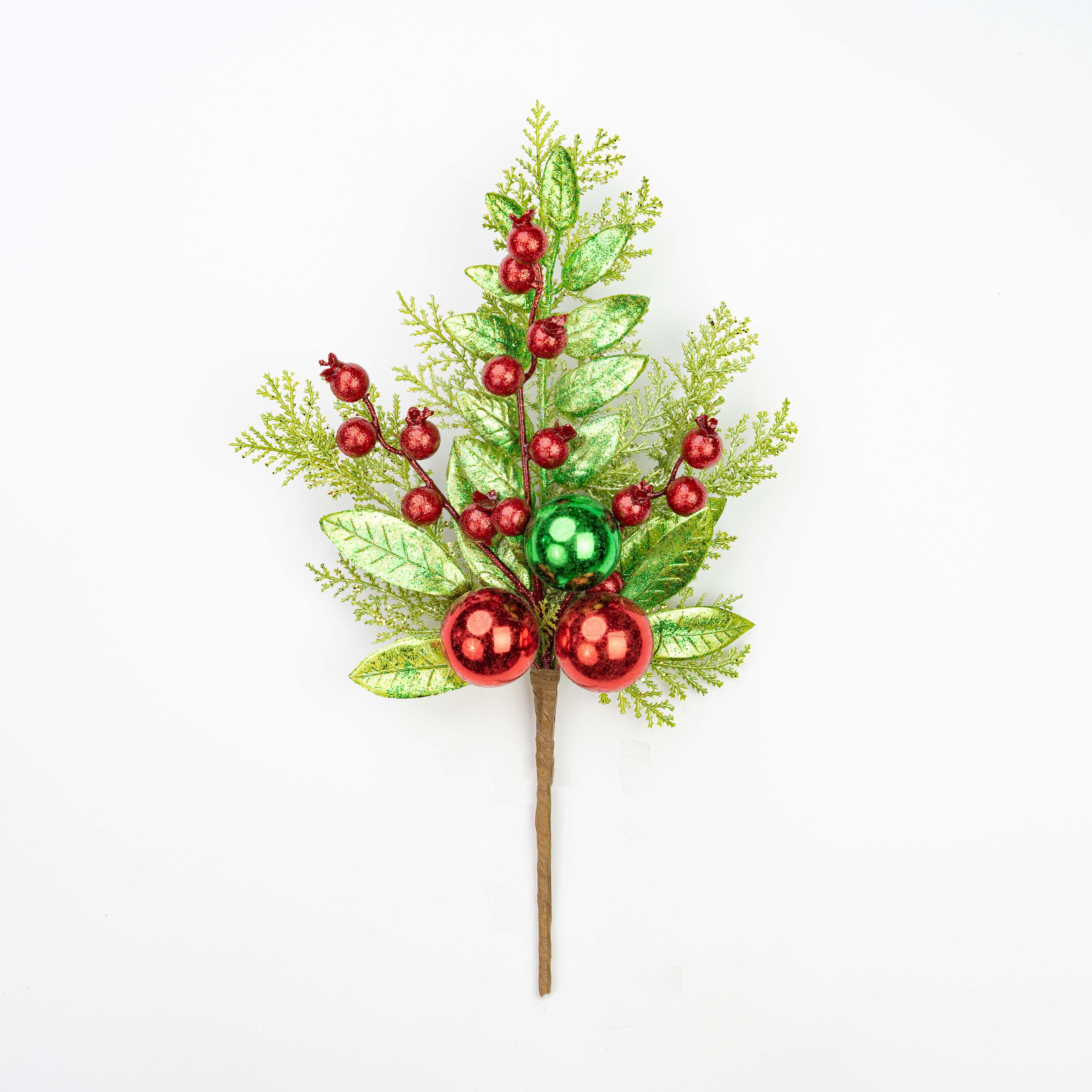 14" METALLIC BALL BERRY CEDAR LEAF PICK
