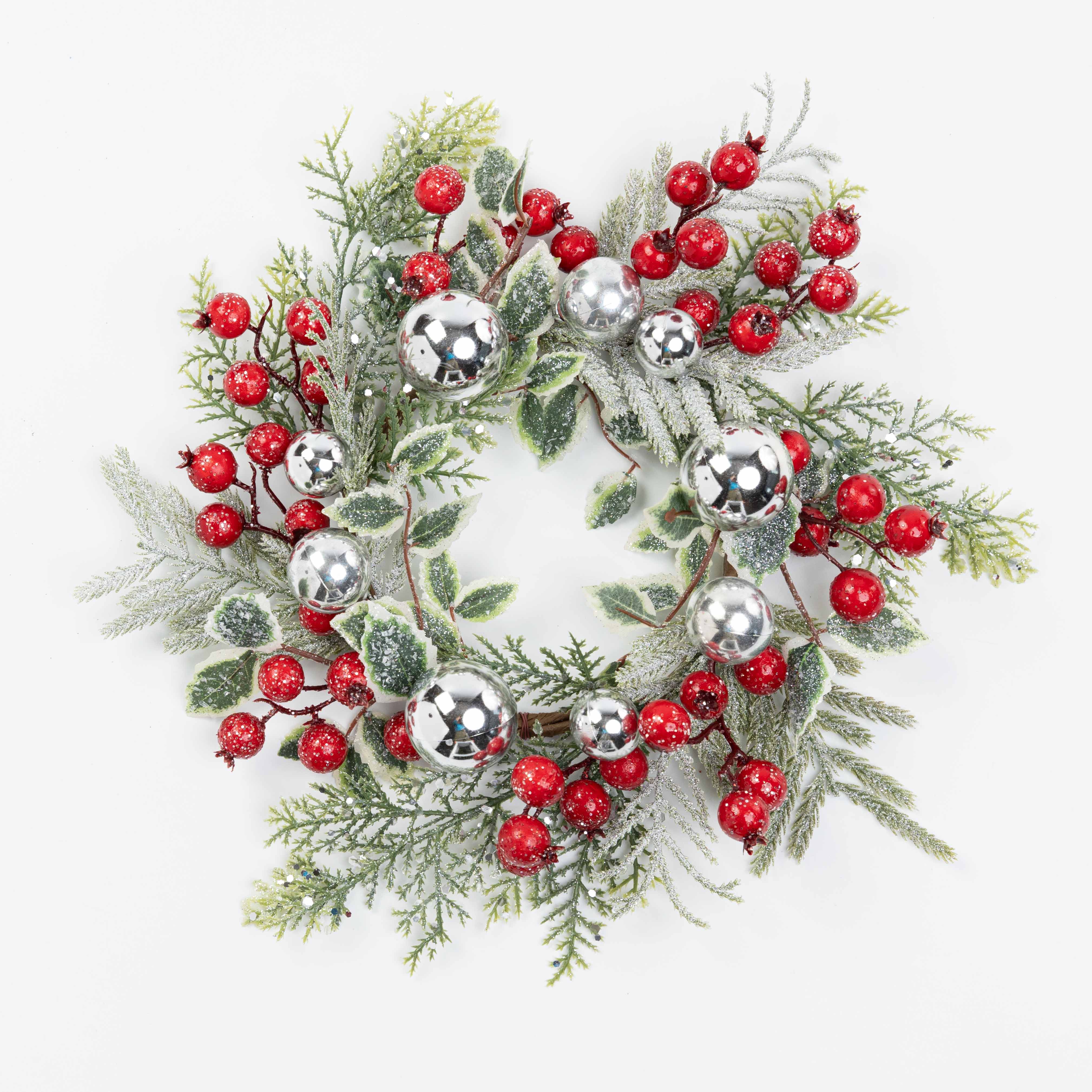 12" FROST BERRY BALL CEDAR CANDLE RING 5" INNER
