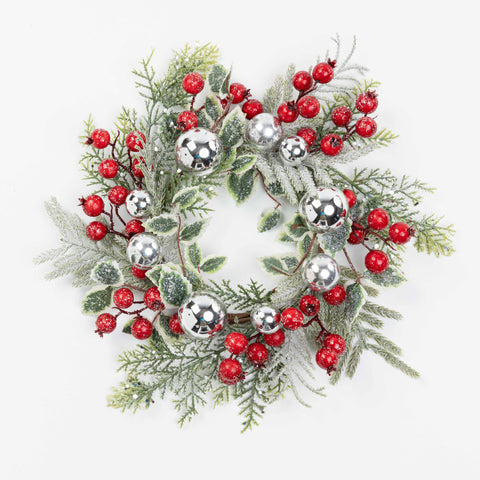 12" FROST BERRY BALL CEDAR CANDLE RING 5" INNER